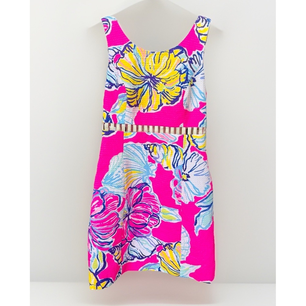 Lilly Pulitzer Shift Dress Pink/White Tropics Cut Out Waist Seersucker Size 2